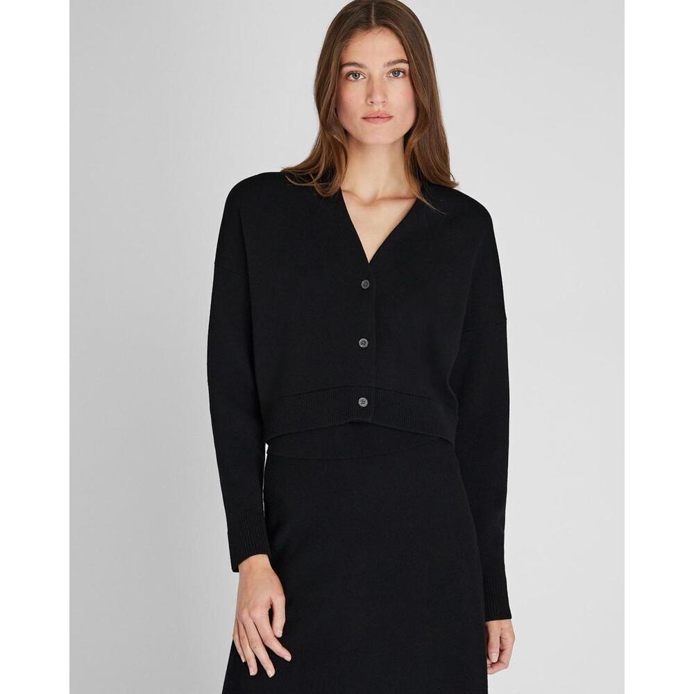 Club Monaco Women's Black Merino Wool Blend Long Sleeve Knit Cardigan Sweater L